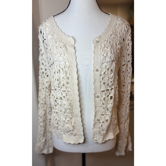 Ultra Pink Beige Crochet Button Down Sweater Top Size M 6-10 - Picture 1 of 4